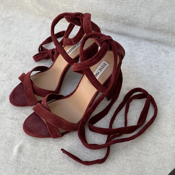 Steve Madden Burgundy Suede Ankle Wrap Around Straps Criss Cross Heels - Picture 5 of 11